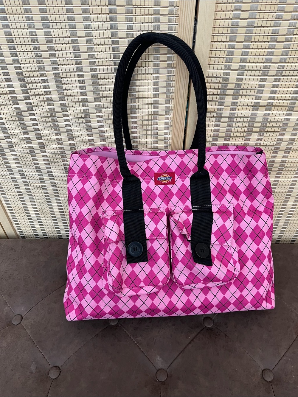 Dickies Pink Argyle Tote with Black Handles